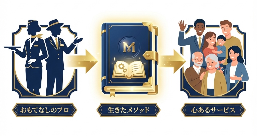 おもてなしのプロが結集してメソッド化し、社会へ心あるサービスを届ける図解（左：おもてなしのプロ、中央：生きたメソッド、右：心あるサービス）